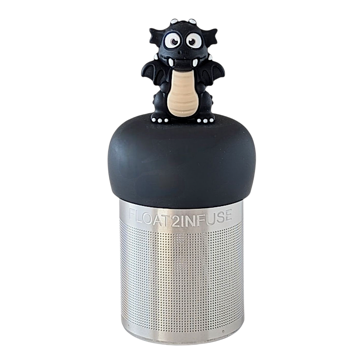 black dragon tea infuser for loose leaf tea with fine mesh stainless steel tea strainer that reads FLOAT2INFUSE on a black base with a white background