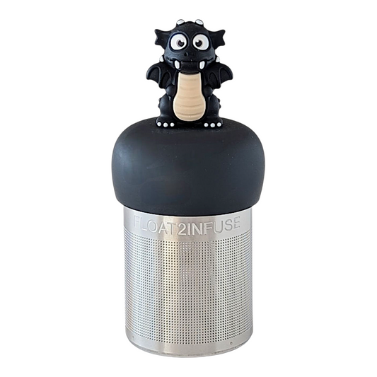 black dragon tea infuser for loose leaf tea with fine mesh stainless steel tea strainer that reads FLOAT2INFUSE on a black base with a white background