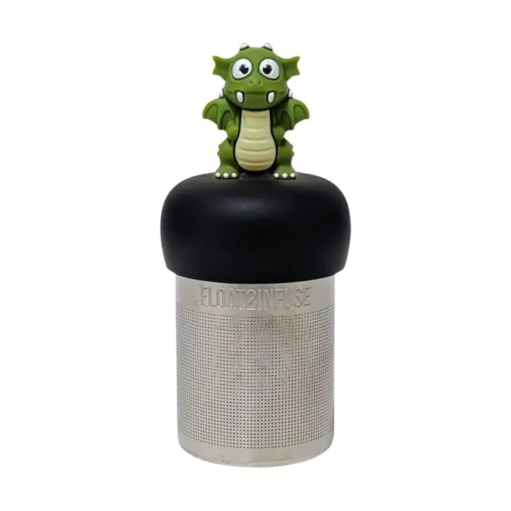 dark green dragon tea infuser for loose leaf tea  with a fine mesh stainless steel tea strainer that reads FLOAT2INFUSE on a black base with a white background