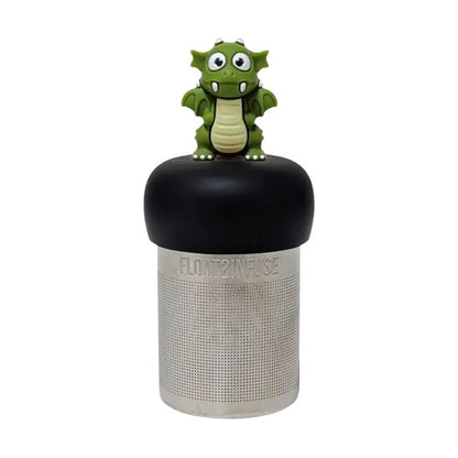 dark green dragon tea infuser for loose leaf tea  with a fine mesh stainless steel tea strainer that reads FLOAT2INFUSE on a black base with a white background