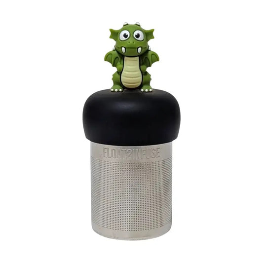 dark green dragon tea infuser for loose leaf tea  with a fine mesh stainless steel tea strainer that reads FLOAT2INFUSE on a black base with a white background