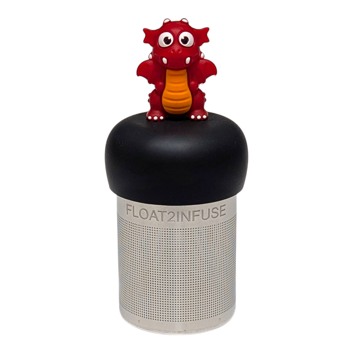  Red dragon tea infuser  for loose leaf tea with a fine mesh stainless steel tea strainer that reads FLOAT2INFUSE on a black base with a white background