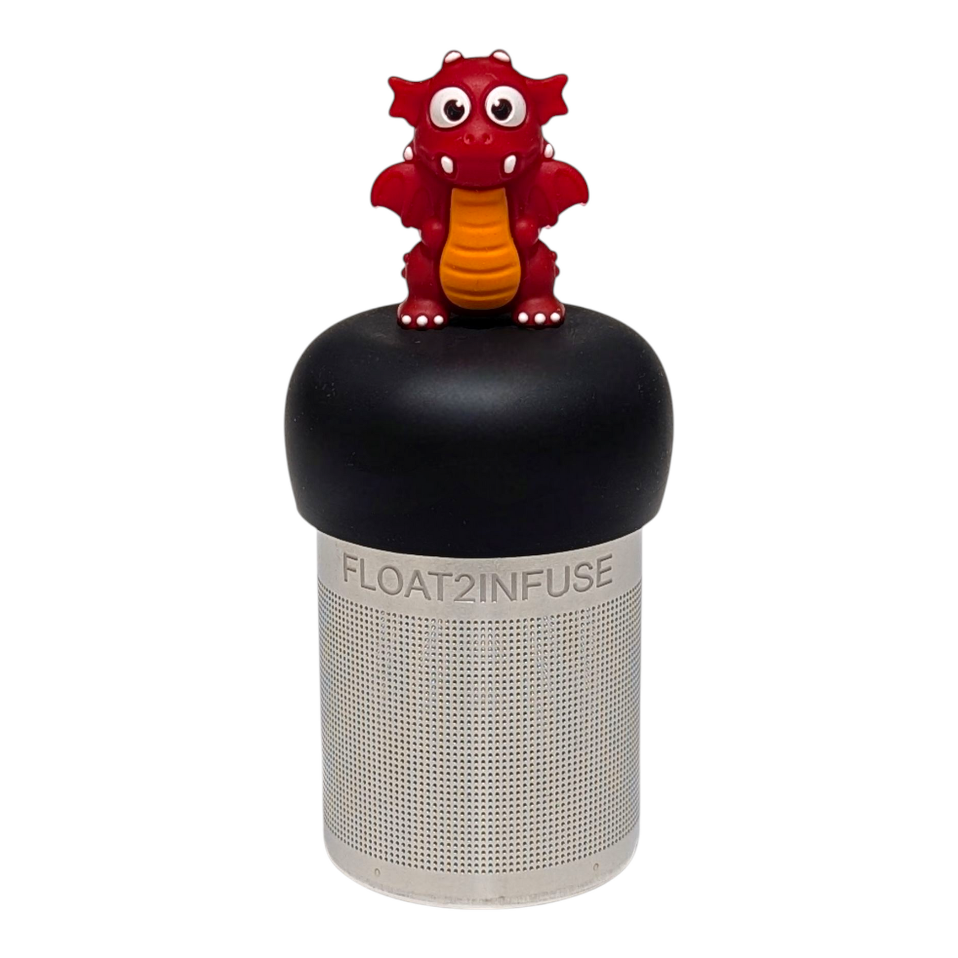  Red dragon tea infuser  for loose leaf tea with a fine mesh stainless steel tea strainer that reads FLOAT2INFUSE on a black base with a white background