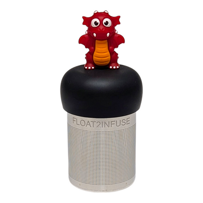  Red dragon tea infuser  for loose leaf tea with a fine mesh stainless steel tea strainer that reads FLOAT2INFUSE on a black base with a white background