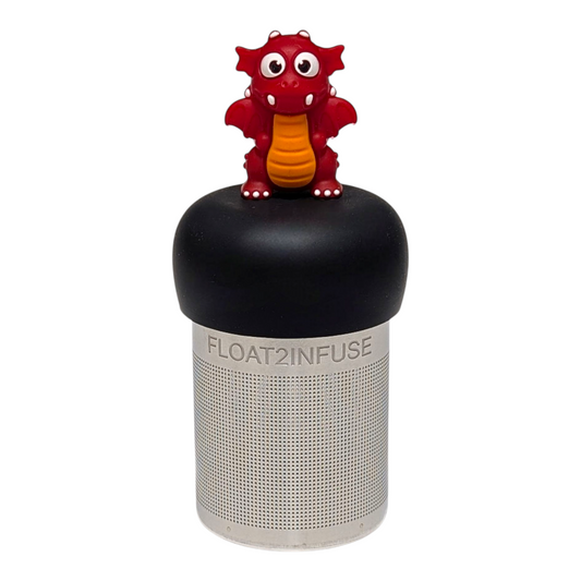  Red dragon tea infuser  for loose leaf tea with a fine mesh stainless steel tea strainer that reads FLOAT2INFUSE on a black base with a white background