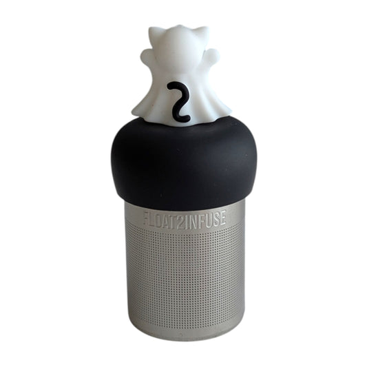 Backside of adorable white cat ghost with black tail tea infuser for loose leaf tea with a fine mesh stainless steel tea strainer 
that reads FLOAT2INFUSE on a black base with a white background