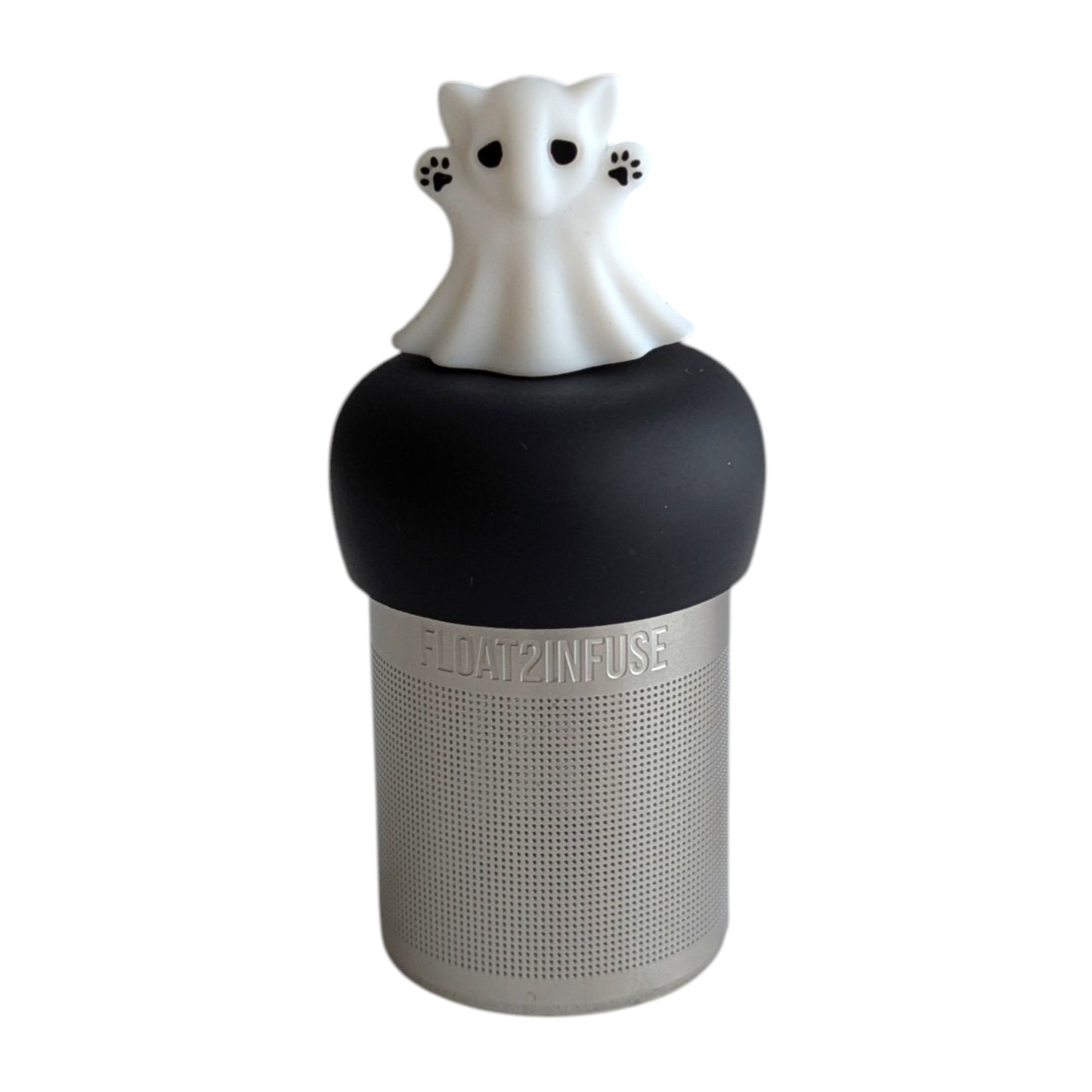 Adorable white cat ghost was big black eyes and black paws tea infuser for loose leaf tea with a fine mesh stainless steel tea strainer 
that reads FLOAT2INFUSE on a black base with a white background