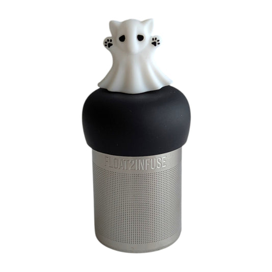 Adorable white cat ghost was big black eyes and black paws tea infuser for loose leaf tea with a fine mesh stainless steel tea strainer 
that reads FLOAT2INFUSE on a black base with a white background