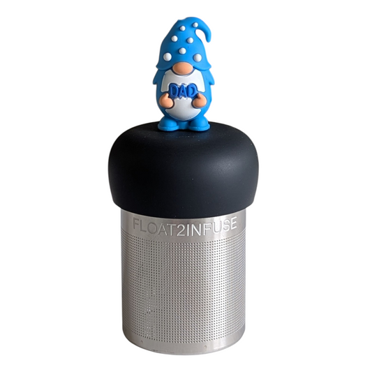 gnome with long white beard wearing blue with white polka dots holds text "dad" tea infuser for loose leaf tea with a fine mesh stainless steel tea strainer that reads FLOAT2INFUSE on a black base with a white background