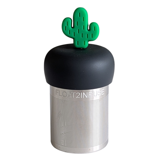 green cactus tea infuser for loose leaf tea  a fine mesh stainless steel tea infuser that reads FLOAT2INFUSE on a black base with a white background