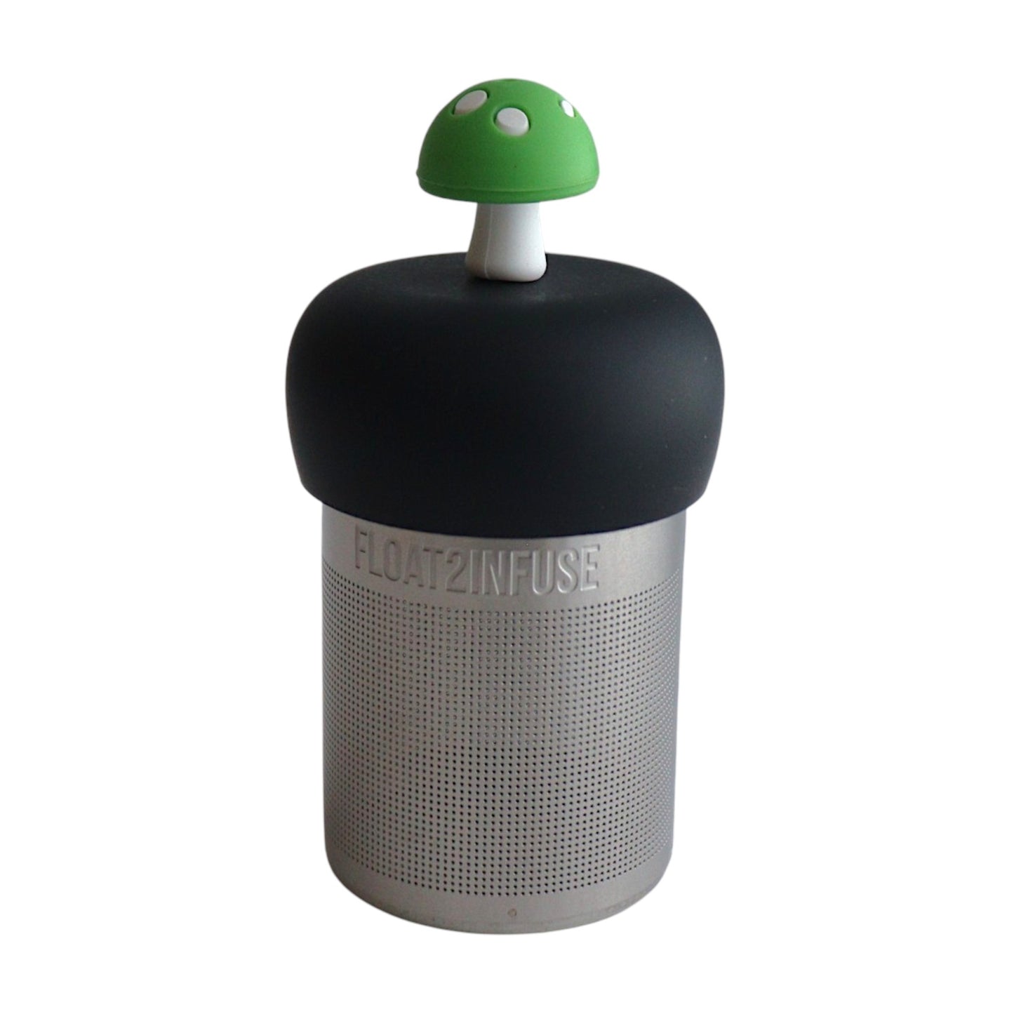 Green mushroom tea infuser for loose leaf tea with a fine mesh stainless steel tea strainer that reads FLOAT2INFUSE on a black base with a white background
