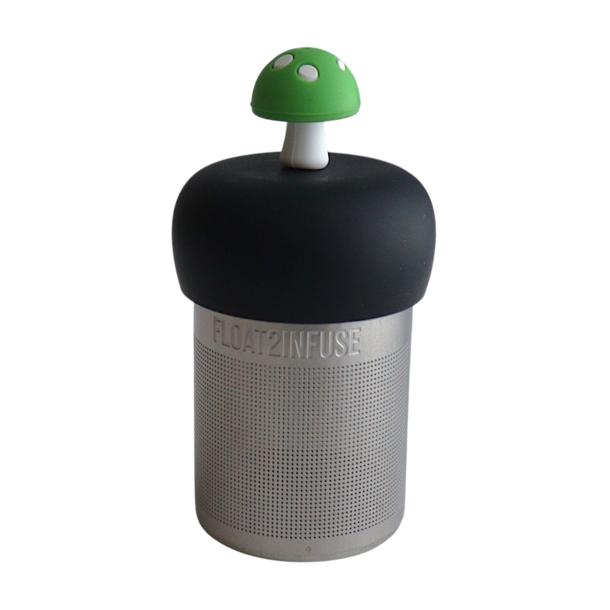 Green mushroom tea infuser for loose leaf tea with a fine mesh stainless steel tea strainer that reads FLOAT2INFUSE on a black base with a white background
