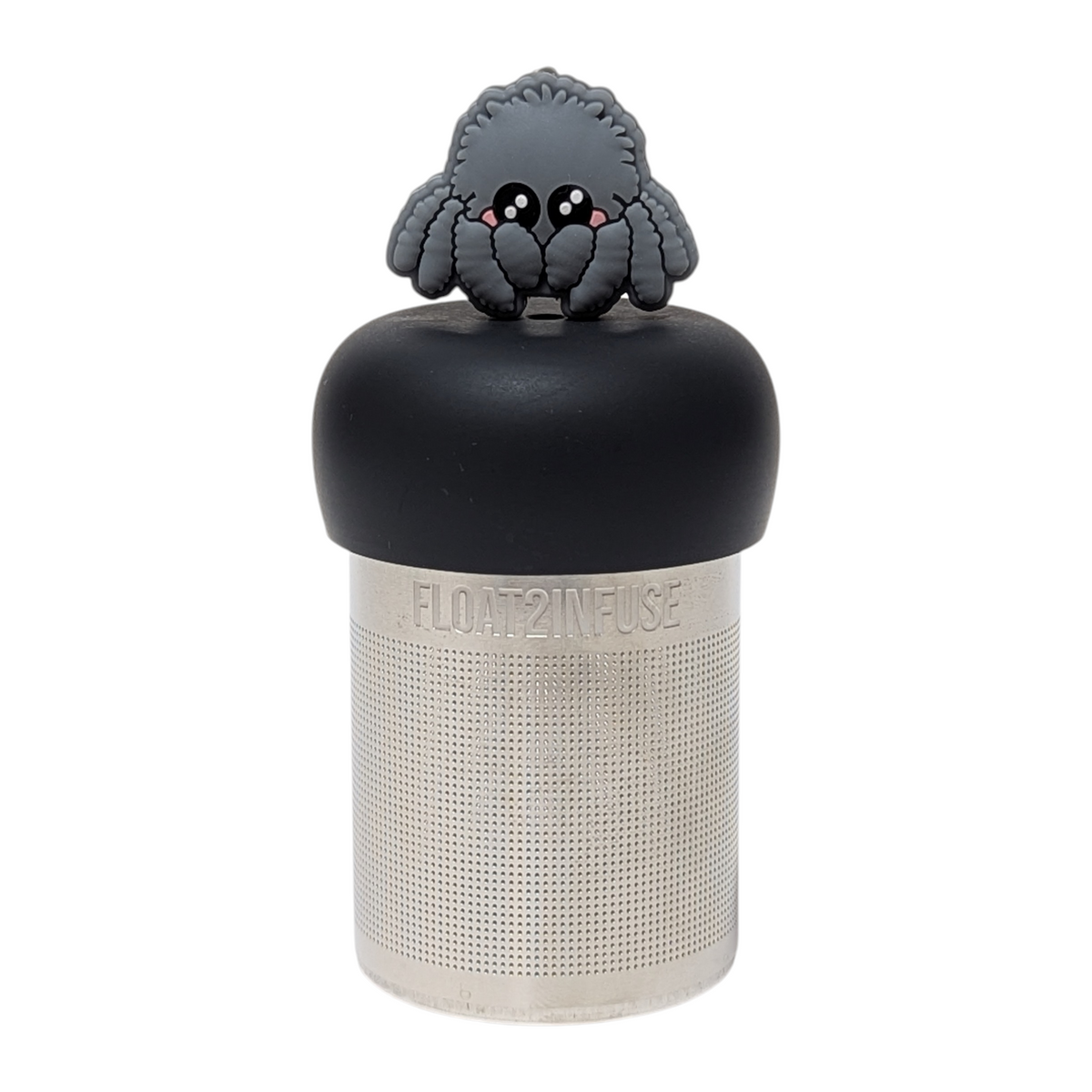 grey spider animal tea infuser  for loose leaf tea with a fine mesh stainless steel tea strainer that reads FLOAT2INFUSE on a black base with a white background