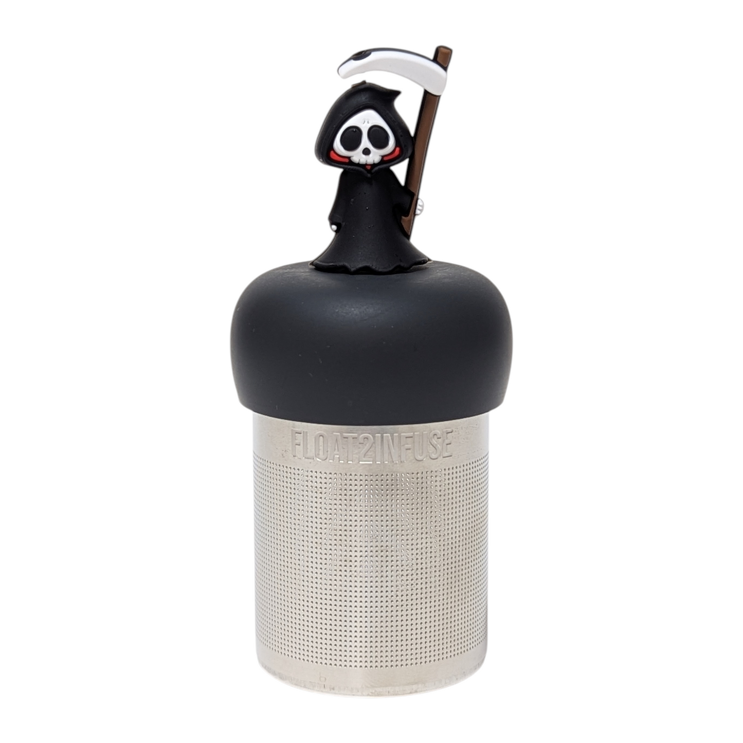  Grim reaper tea infuser for loose leaf tea with a fine mesh stainless steel tea strainer that reads FLOAT2INFUSE on a black base with a white background