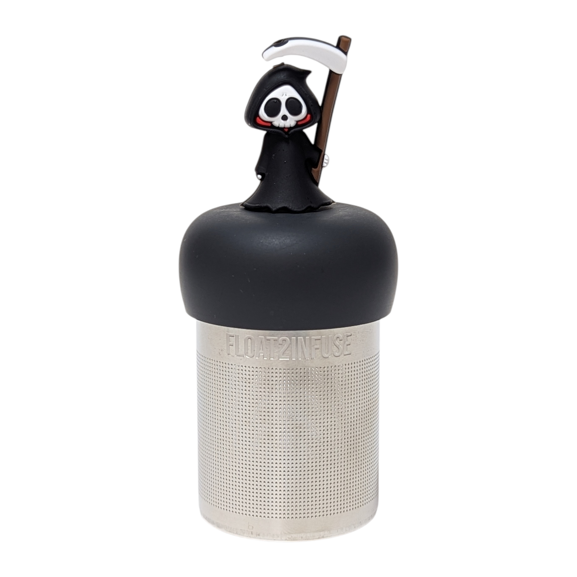  Grim reaper tea infuser for loose leaf tea with a fine mesh stainless steel tea strainer that reads FLOAT2INFUSE on a black base with a white background
