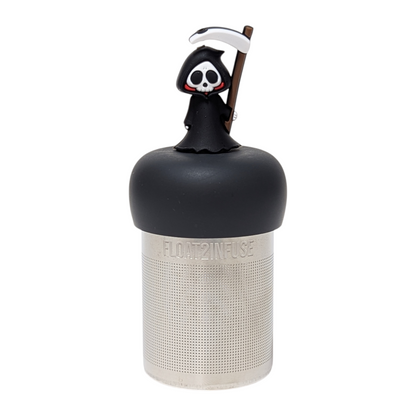  Grim reaper tea infuser for loose leaf tea with a fine mesh stainless steel tea strainer that reads FLOAT2INFUSE on a black base with a white background