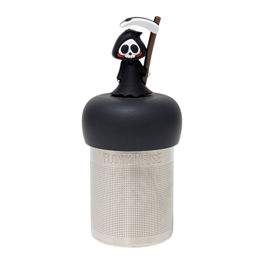  Grim reaper tea infuser for loose leaf tea with a fine mesh stainless steel tea strainer that reads FLOAT2INFUSE on a black base with a white background