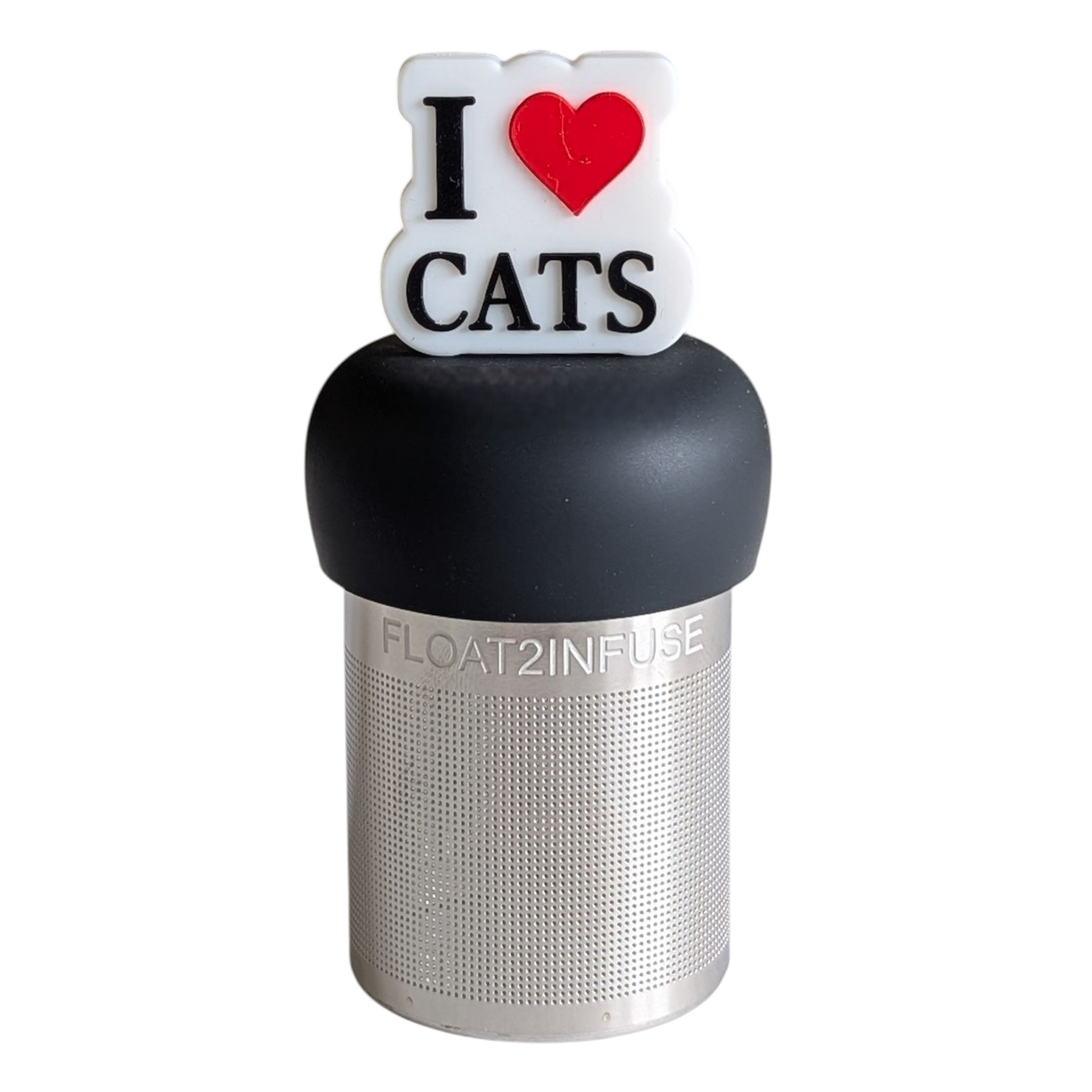 text "I love cats" with a red heart in place of the word "love" tea infuser for loose leaf tea with a fine mesh stainless steel tea strainer that reads FLOAT2INFUSE on a black base with a white background