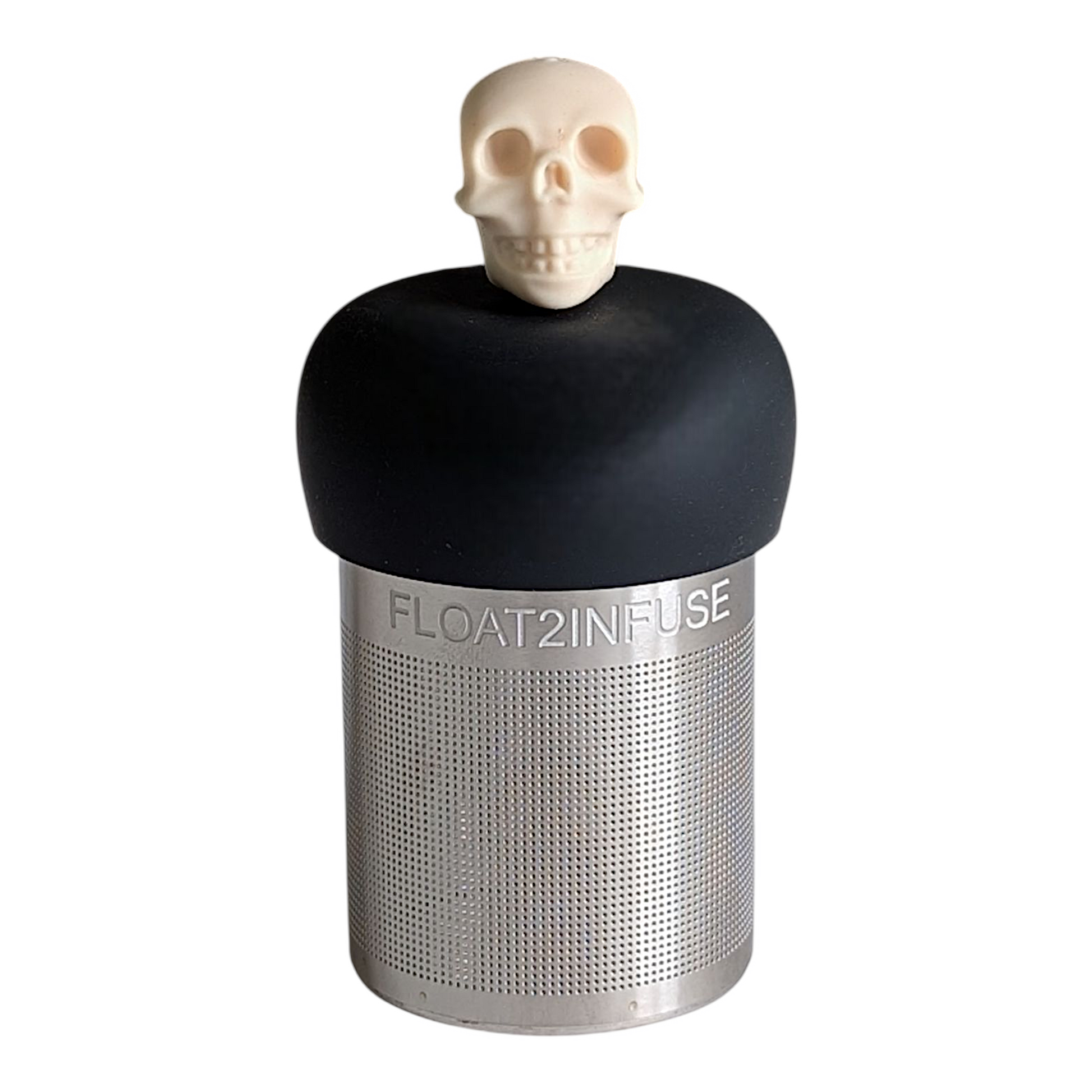 ivory skull tea infuser for loose leaf tea with a fine mesh stainless steel tea strainer that reads FLOAT2INFUSE on a black base with a white background