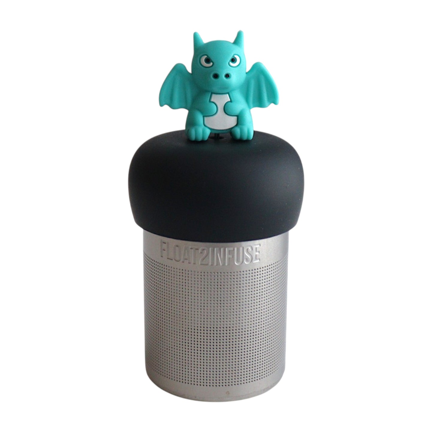 Angry looking teal dragon tea infuser for loose leaf tea with a fine mesh stainless steel tea strainer 
that reads FLOAT2INFUSE on a black base with a white background
