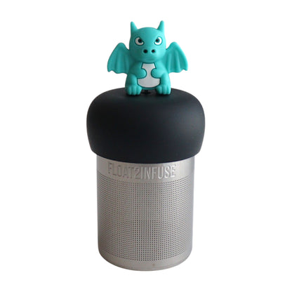 Angry looking teal dragon tea infuser for loose leaf tea with a fine mesh stainless steel tea strainer 
that reads FLOAT2INFUSE on a black base with a white background
