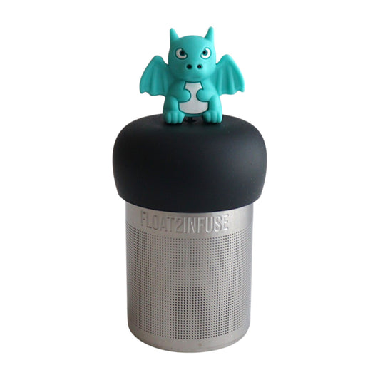 Angry looking teal dragon tea infuser for loose leaf tea with a fine mesh stainless steel tea strainer 
that reads FLOAT2INFUSE on a black base with a white background
