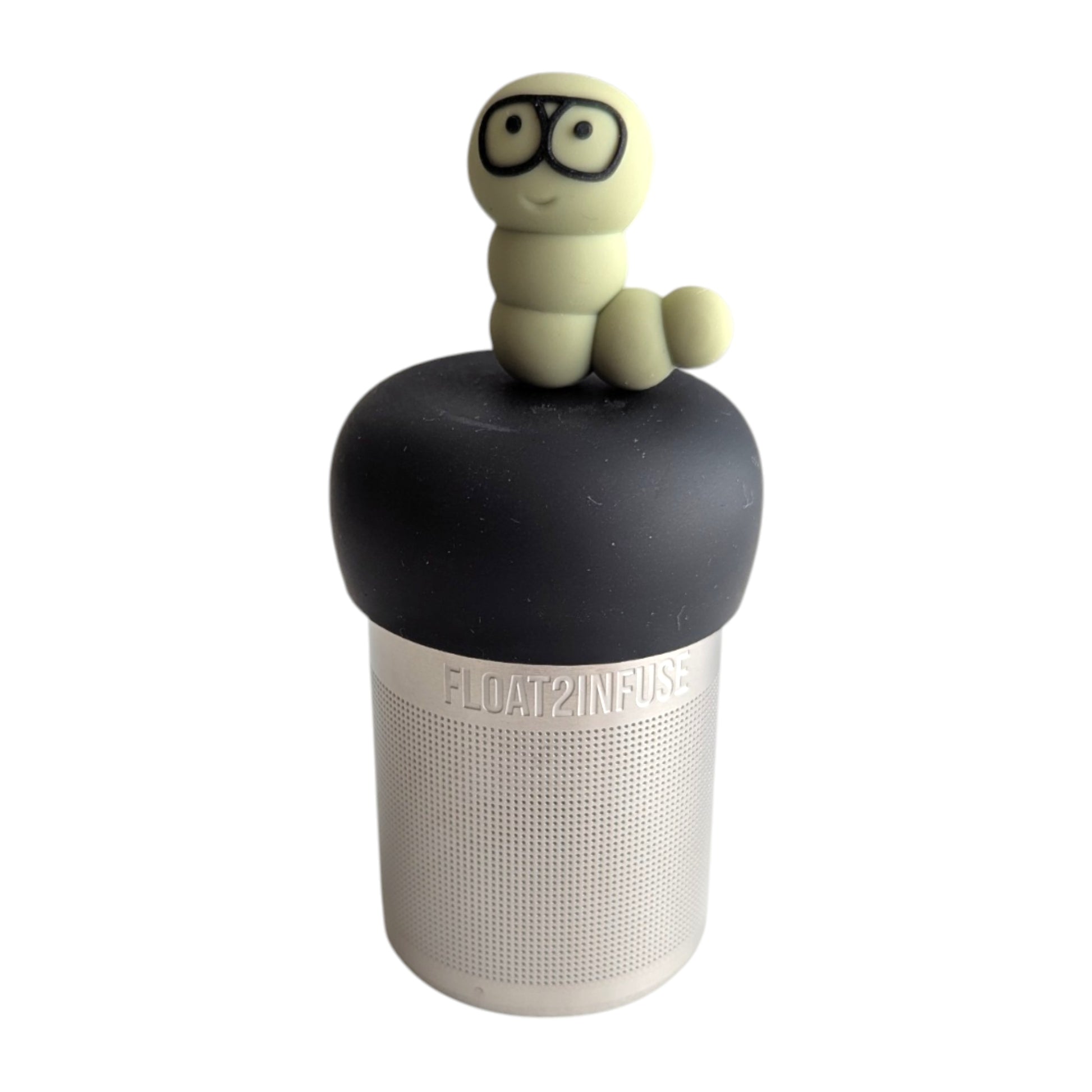 Light green caterpillar with black rim glasses infuser for loose leaf tea  with a fine mesh stainless steel tea infuser that reads FLOAT2INFUSE on a green base with a white background