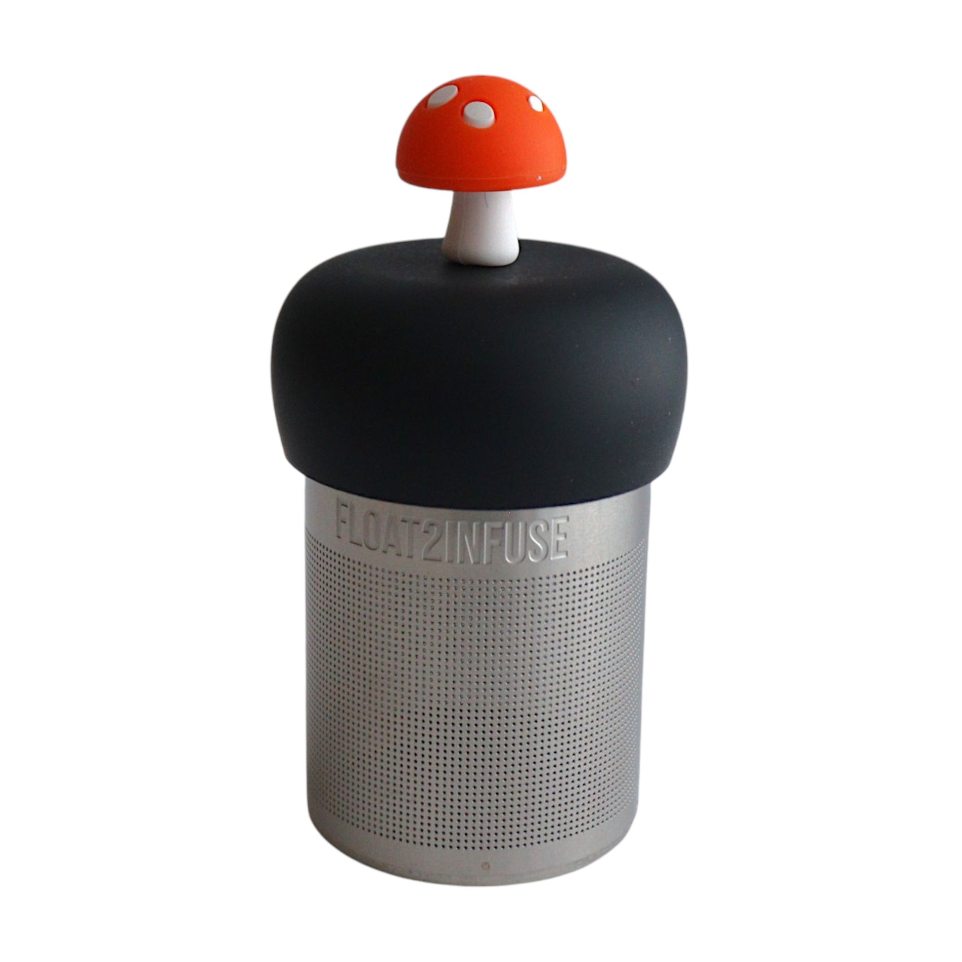 Orange mushroom tea infuser for loose leaf tea with a fine mesh stainless steel tea strainer that reads FLOAT2INFUSE on a black base with a white background
