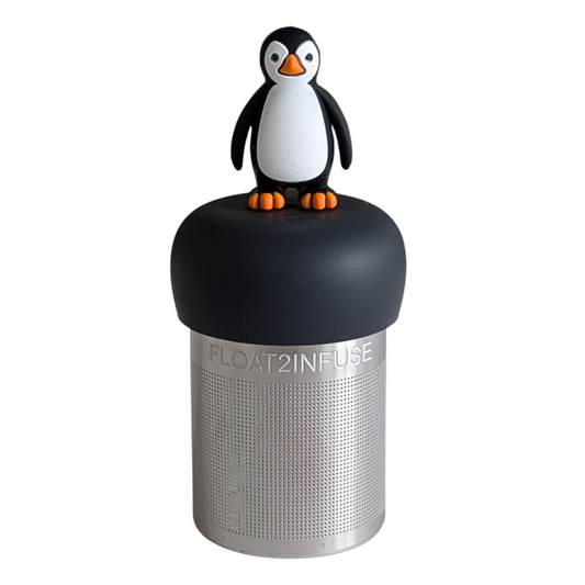 penguin animal tea infuser for loose leaf tea with a fine mesh stainless steel tea strainer that reads FLOAT2INFUSE on a black base with a white background