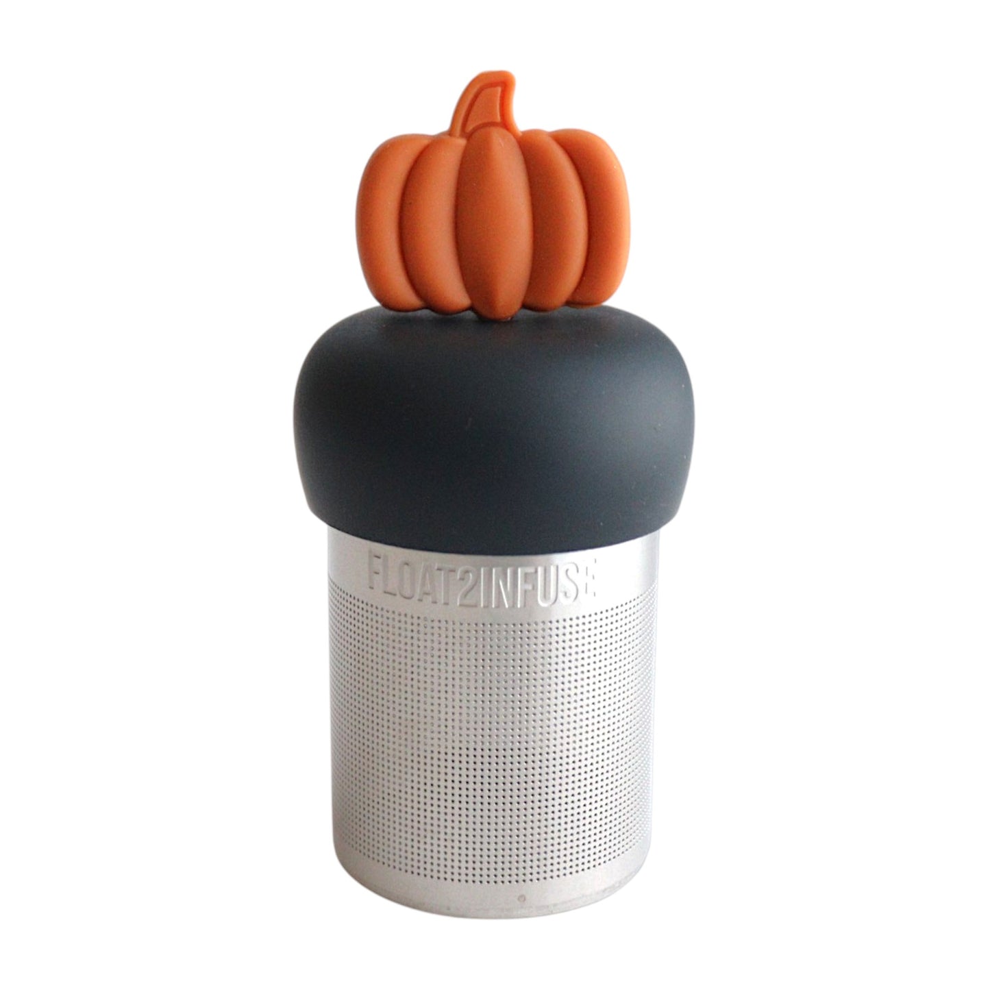 orange pumpkin tea infuser for loose leaf tea  with a fine mesh stainless steel tea infuser on a black base with a white background