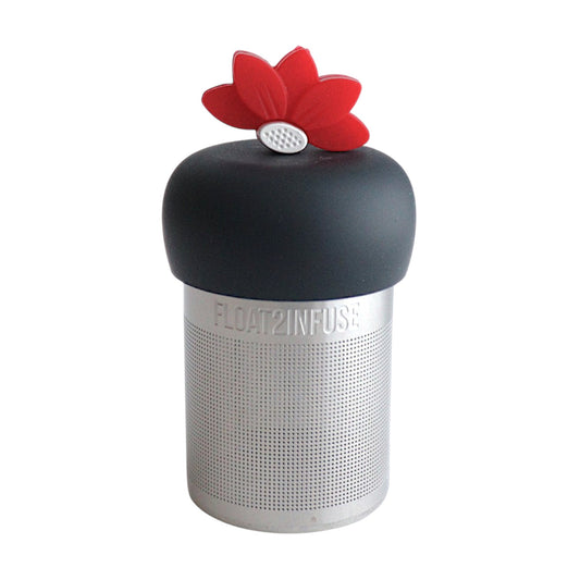 red lotus tea infuser for loose leaf tea with a fine mesh stainless steel tea strainer that reads FLOAT2INFUSE on a black base with a white background