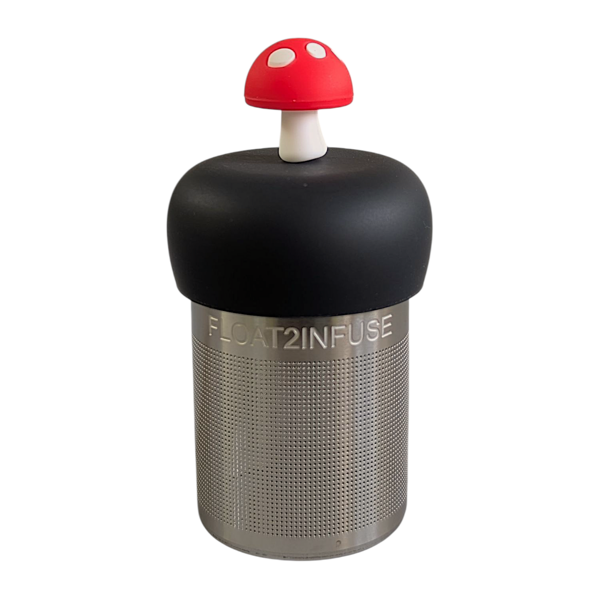 red mushroom tea infuser for loose leaf tea  with a fine mesh stainless steel strainer that reads FLOAT2INFUSE on a black base with a white background