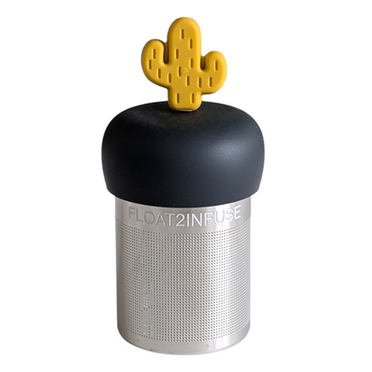 yellow cactus tea infuser for loose leaf tea with a fine mesh stainless steel tea strainer that reads FLOAT2INFUSE on a black base with a white background