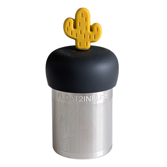 yellow cactus tea infuser for loose leaf tea with a fine mesh stainless steel tea strainer that reads FLOAT2INFUSE on a black base with a white background