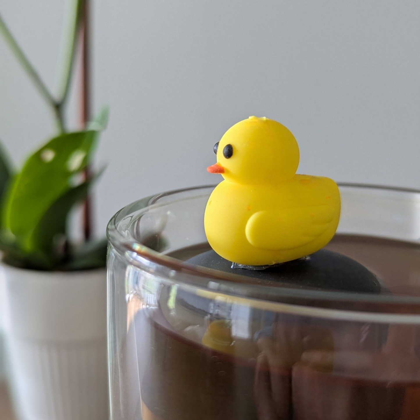 yellow rubber duck side view tea infuser for loose leaf tea with a fine mesh stainless steel tea strainer that reads FLOAT2INFUSE on a black base  floating in a glass tea mug with a plant in the background