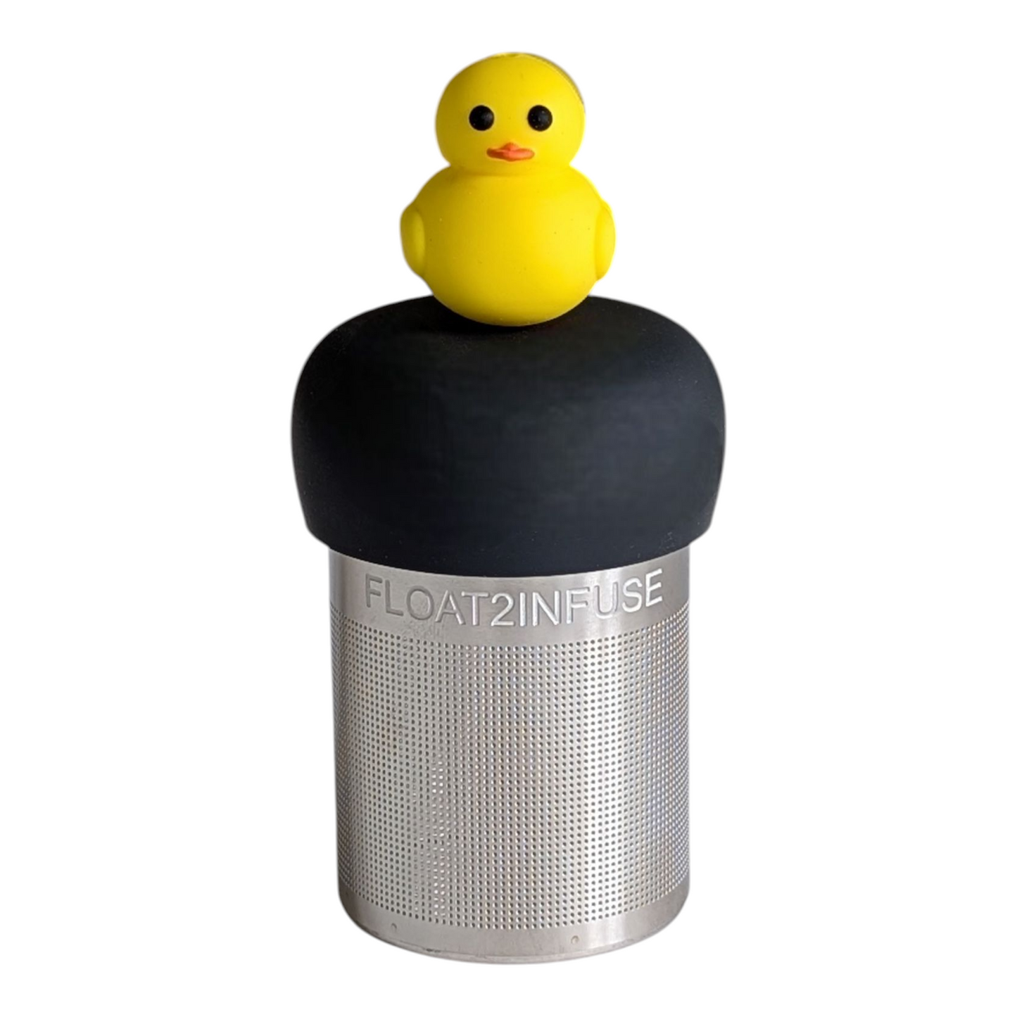 yellow duck animal tea infuser for loose leaf tea with a fine mesh stainless steel tea strainer that reads FLOAT2INFUSE on a black base with a white background