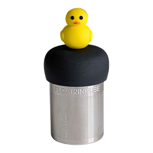 yellow duck animal tea infuser for loose leaf tea with a fine mesh stainless steel tea strainer that reads FLOAT2INFUSE on a black base with a white background