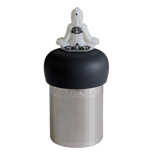 white yogi with black accents tea infuser for loose leaf tea with a fine mesh stainless steel tea strainer that reads FLOAT2INFUSE on a black base with a white background