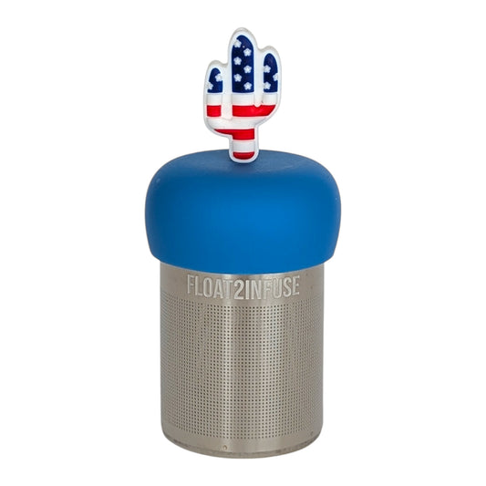 American flag patterned cactus tea infuser with blue base for loose leaf tea with fine mesh stainless steel tea strainer that reads FLOAT2INFUSE with white background