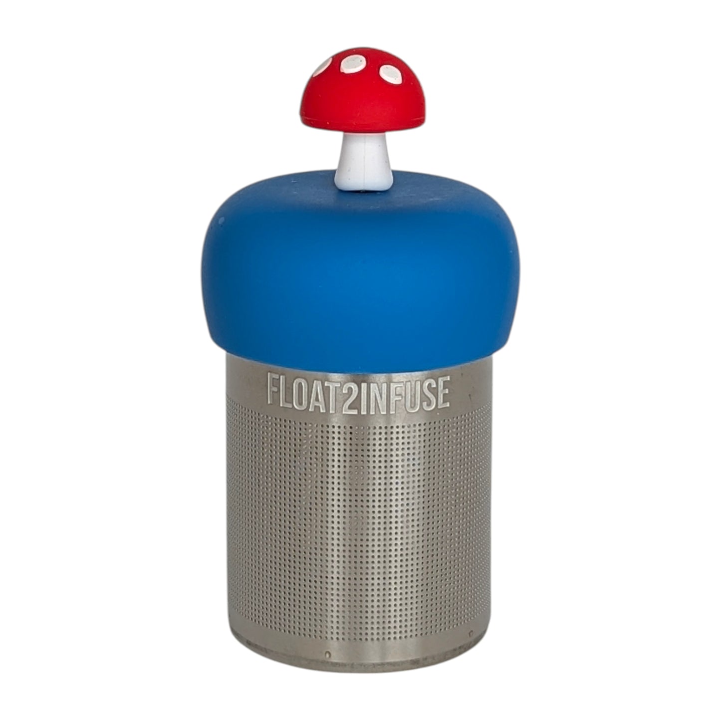 red mushroom for loose leaf tea with fine mesh stainless steel tea strainer that reads FLOAT2INFUSE on a  blue base with a white background