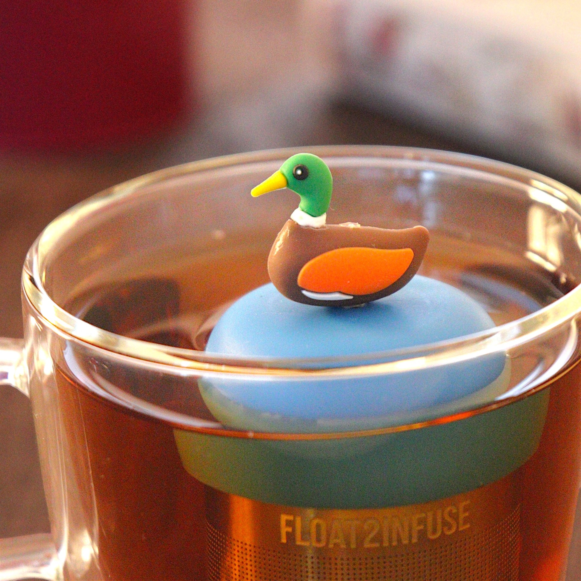 mallard duck tea infuser for loose leaf tea with a fine mesh stainless steel tea infuser that reads FLOAT2INFUSE on a blue base  floating in a glass tea mug with  loose leaf tea and books  in the background