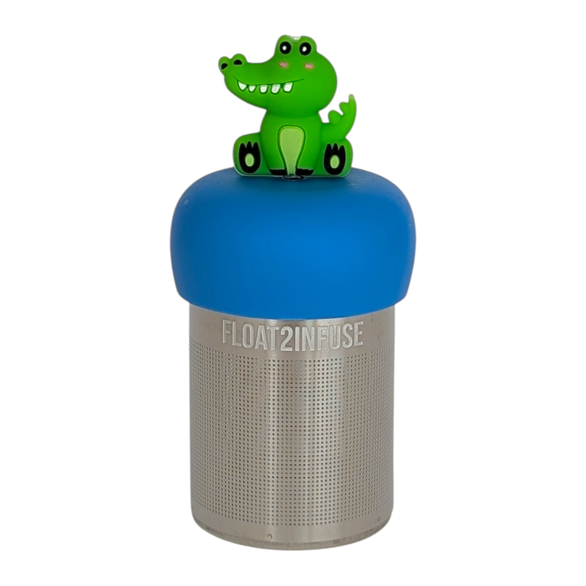 happy green alligator tea infuser  for loose leaf tea with fine mesh stainless steel tea strainer that reads FLOAT2INFUSE on a blue base with white background