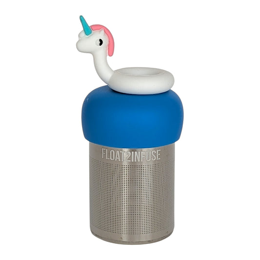white unicorn pool float tea infuser with blue base for loose leaf tea with fine mesh stainless steel tea strainer that reads FLOAT2INFUSE with white background