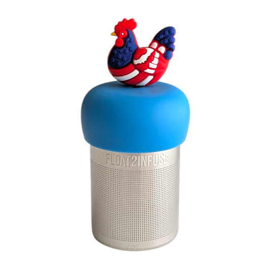 Red, white, and blue patterned chicken tea infuser for loose leaf tea with a fine mesh stainless steel tea strainer 
that reads FLOAT2INFUSE on a blue base with a white background