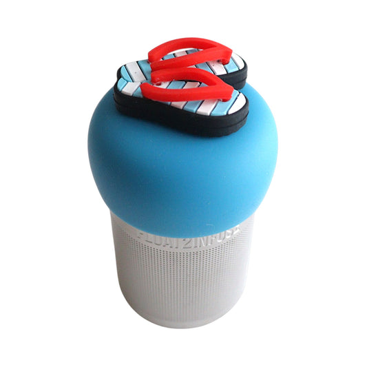 Americana blue and white striped flip flops with red straps tea infuser for loose leaf tea with a fine mesh stainless steel tea strainer that reads FLOAT2INFUSE on a blue base with a white background