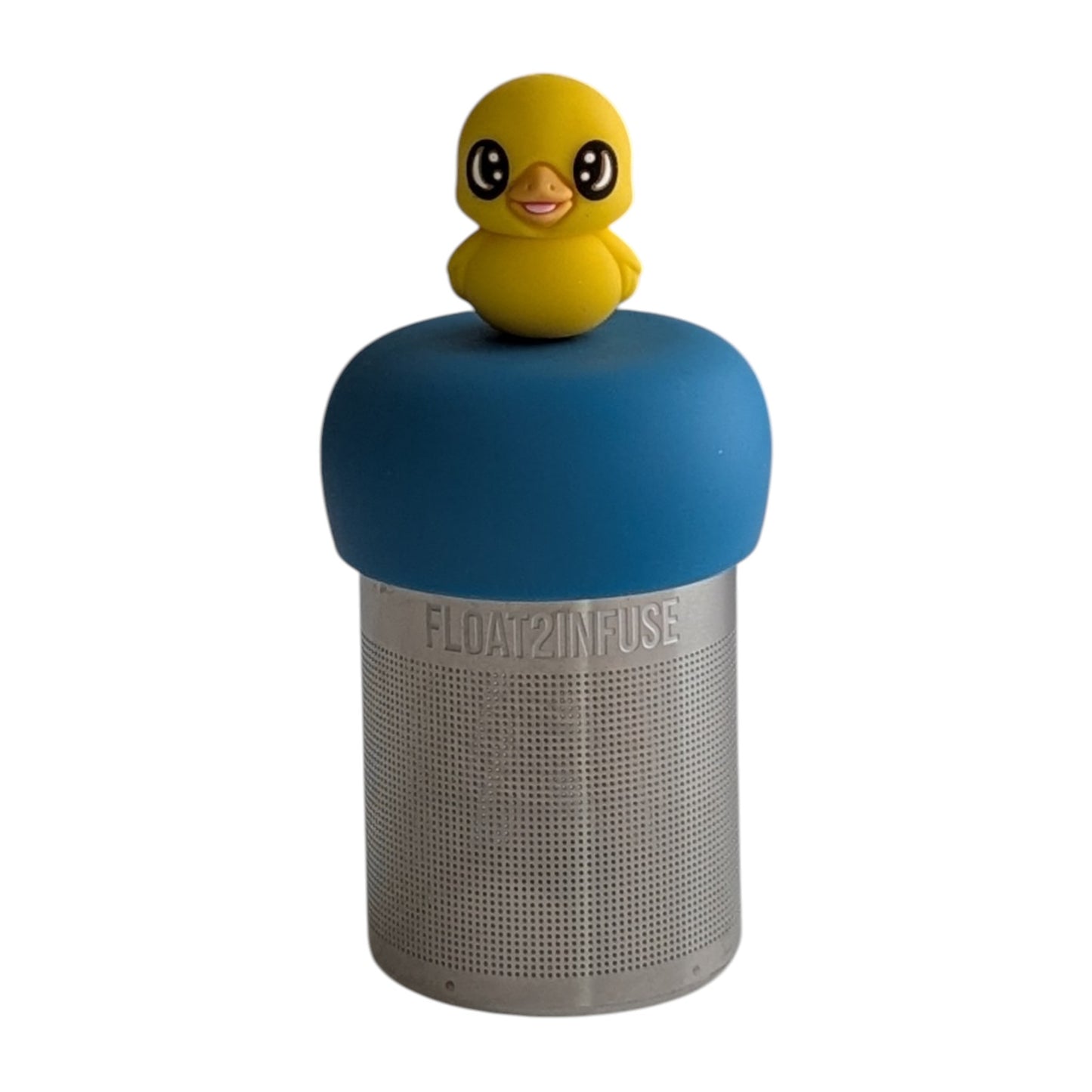 Baby duck animal tea infuser for loose leaf tea with a fine mesh stainless steel tea strainer that reads FLOAT2INFUSE on a blue base  with a white background