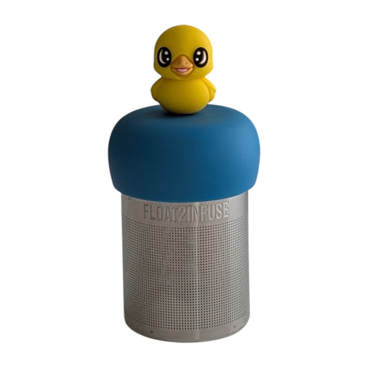 Baby duck animal tea infuser for loose leaf tea with a fine mesh stainless steel tea strainer that reads FLOAT2INFUSE on a blue base  with a white background
