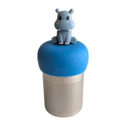 grey smiling baby hippo animal tea infuser for loose leaf tea  with a fine mesh stainless steel tea infuser that reads FLOAT2INFUSE on a blue base with a white background