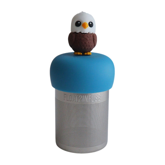 Bald eagle tea infuser for loose leaf tea with a fine mesh stainless steel tea strainer that reads FLOAT2INFUSE on a blue base with a white background

