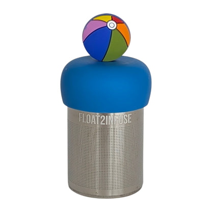 rainbow beachball tea infuser  for loose leaf tea with fine mesh stainless steel tea strainer that reads FLOAT2INFUSE on a blue base with white background